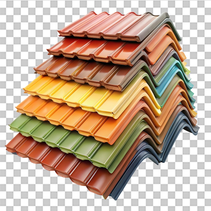 PSD une pile de tuiles de toit colorées prêtes à être installées isolées sur un fond transparent