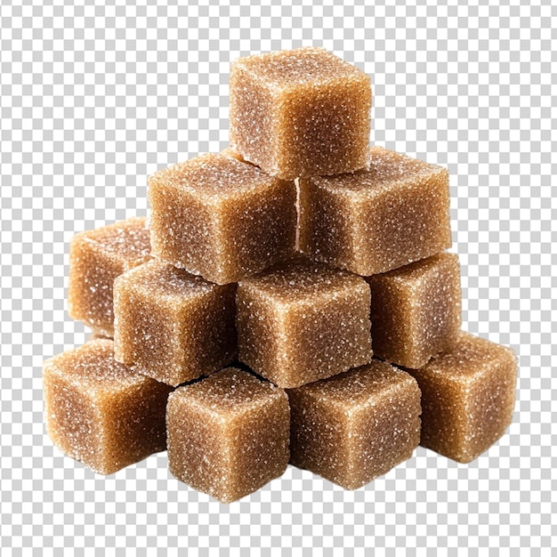 Pilha de cubos de açúcar de cana castanho isolados sobre um fundo transparente