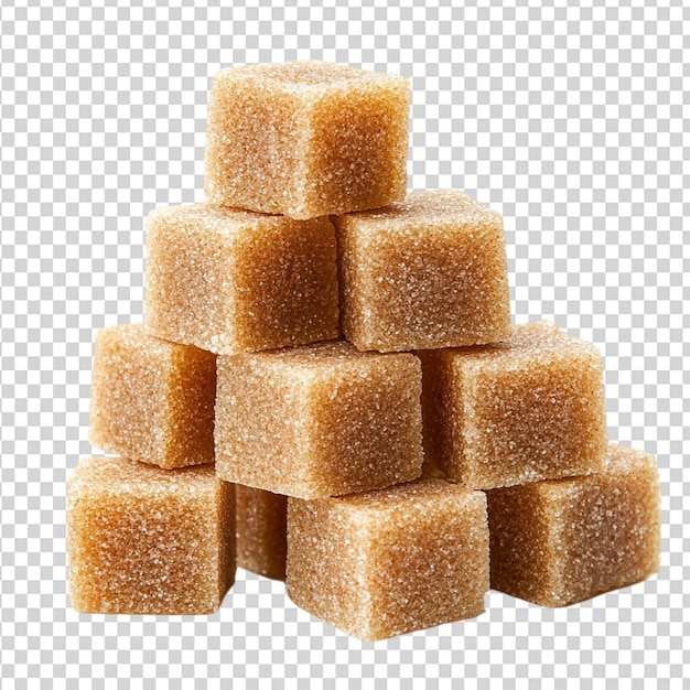 Pilha de cubos de açúcar de cana castanho isolados sobre um fundo transparente