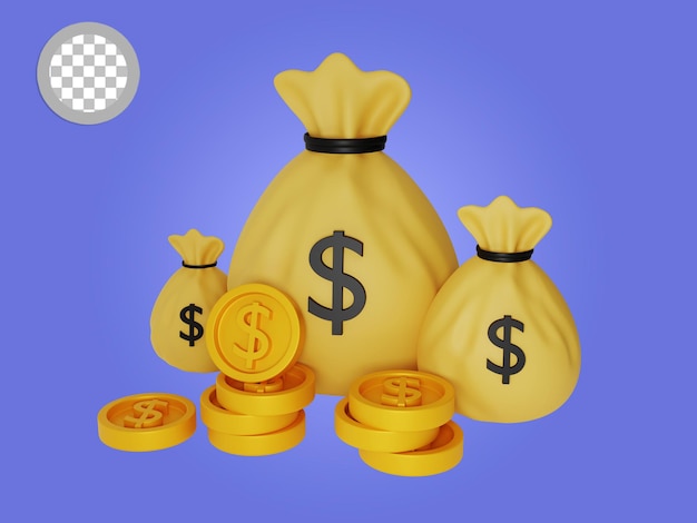 Pilha de dinheiro com moedas de ouro e barras de ouro 3D Render, renderização em 3D