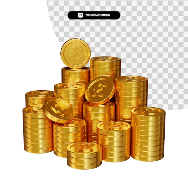 Pilha de libra de moedas de ouro em renderização 3d isolada