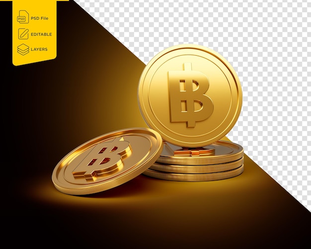 Pilha de moedas arredondadas de baht tailandeses douradas brilhantes em fundo de brilho dourado brilhante Ilustração 3d