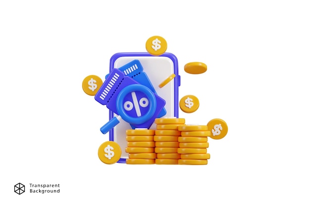 pilha de moedas com ícone de cupom de dólar on-line 3d render conceito de ícone de negócio