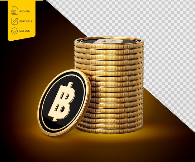 Pilha de moedas de baht tailandesas douradas e pretas em fundo dourado brilhante Ilustração 3D