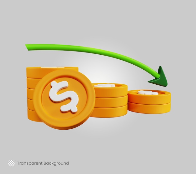 Pilha de moedas de ouro com ilustração 3d do conceito de seta para baixo para perda financeira ou crise econômica