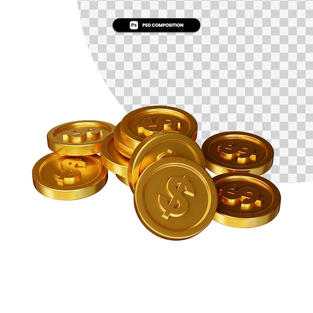 Pilha de moedas de ouro de dólar em renderização 3d isolada