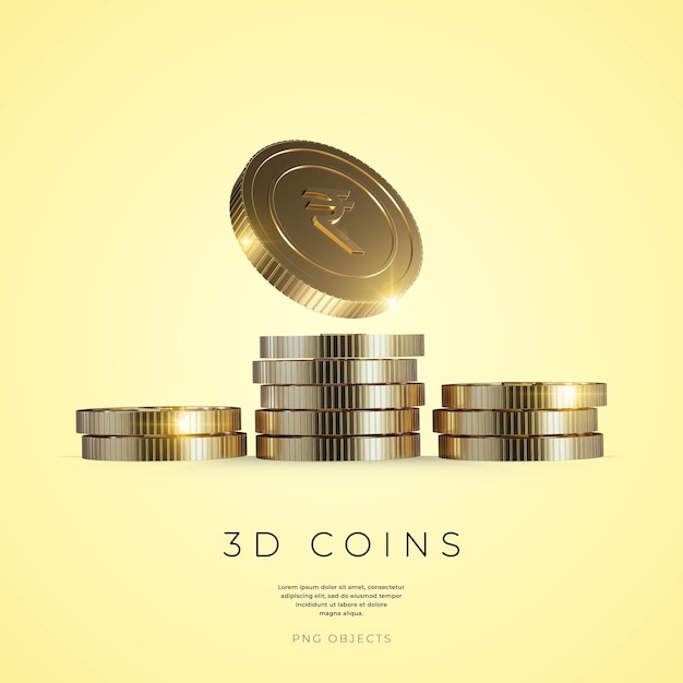 PSD pilha de moedas de ouro de rupia indiana 3d