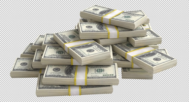 Pilha de novas notas de cem dólares americanos em feixes em fundo transparente