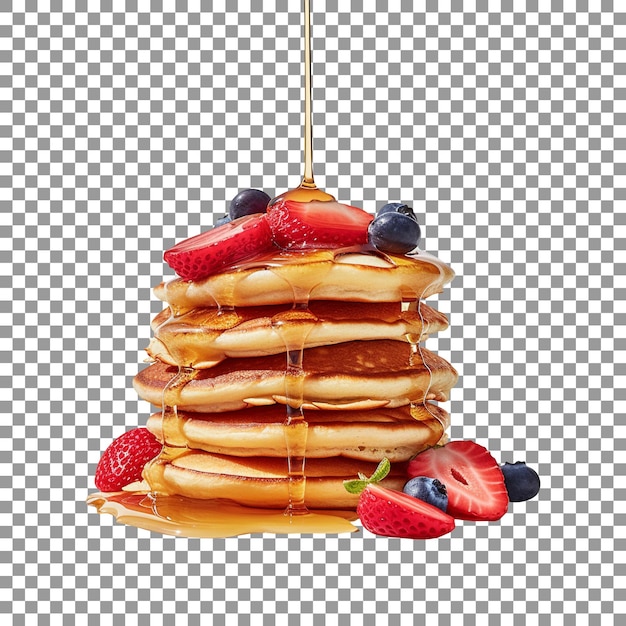 Pilha de saborosas panquecas com calda e frutas em fundo transparente
