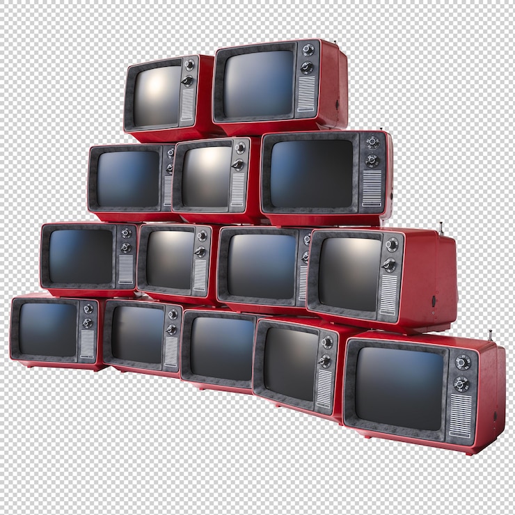 PSD pilha de televisores vermelhos antigos em fundo transparente