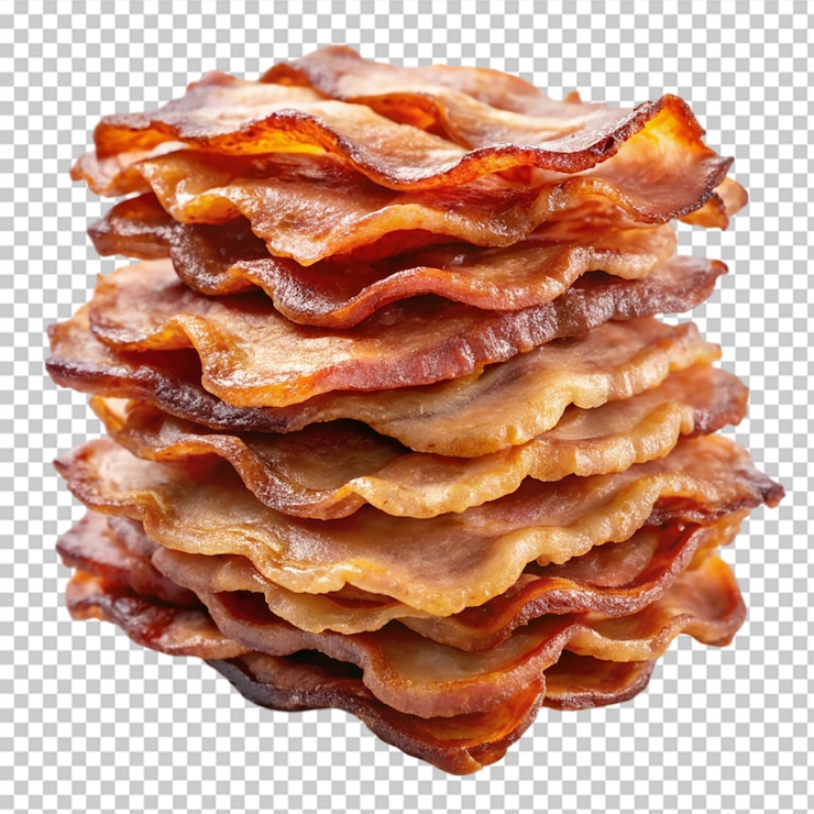 PSD pilha de tiras de bacon frito isoladas em fundo transparente