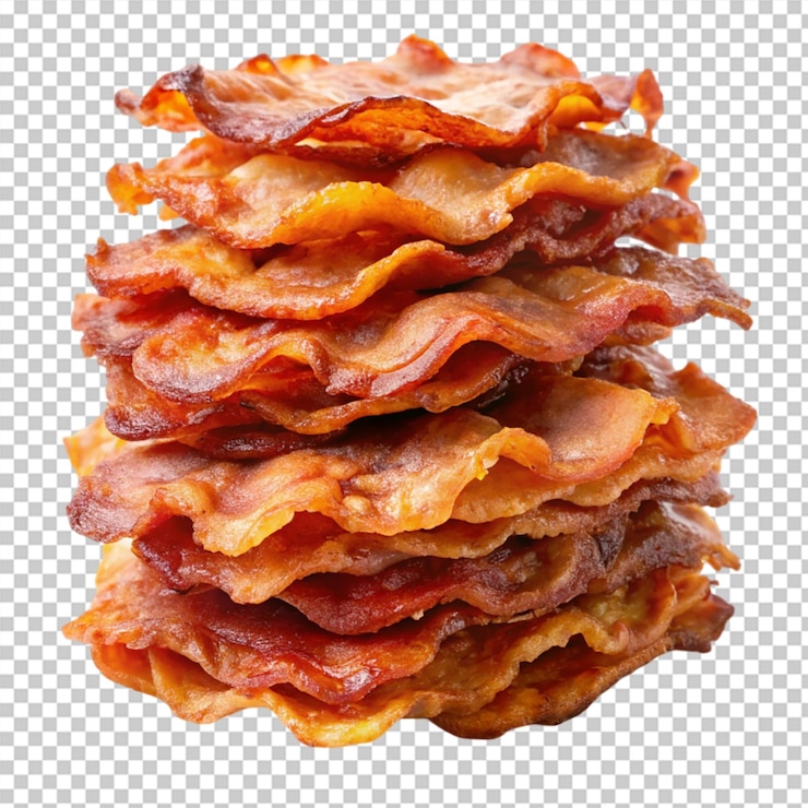 PSD pilha de tiras de bacon frito isoladas em fundo transparente