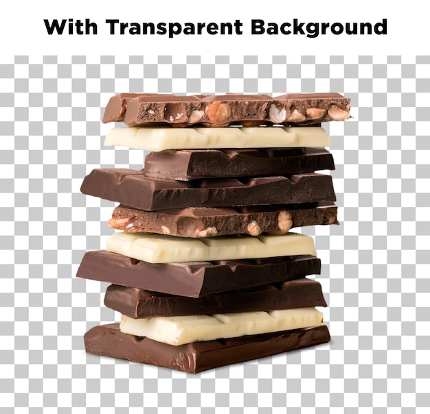 Pilha de várias barras de chocolate com diferentes sabores e castanhas isoladas em um plano de fundo transparente