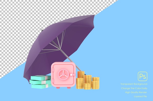 Pilhas 3D de notas de moedas de ouro e cofre sob guarda-chuva roxo