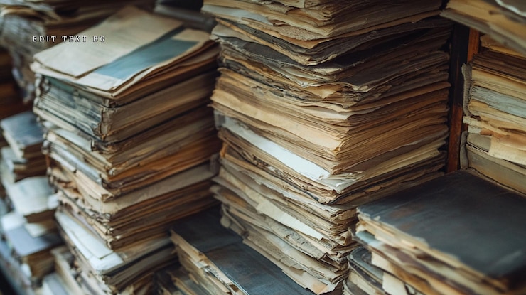PSD pilhas de documentos e livros de papel envelhecidos e desgastados em uma biblioteca ou arquivo