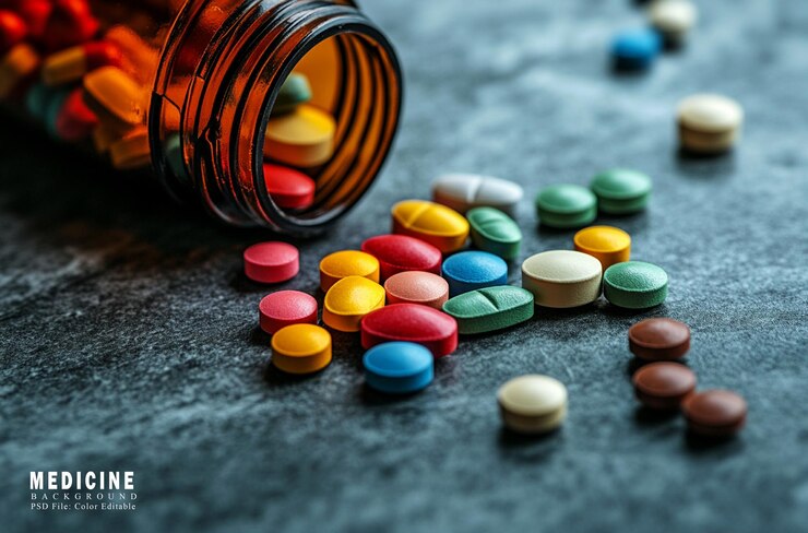 PSD pillole e compresse colorate su un tavolo sullo sfondo medico closeup di pillole colorate che si riversano