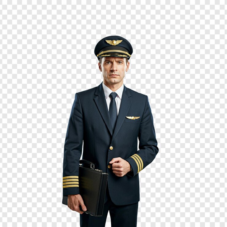 Un piloto masculino con un uniforme azul marino con epaulettes y una gorra aislada en un fondo transparente