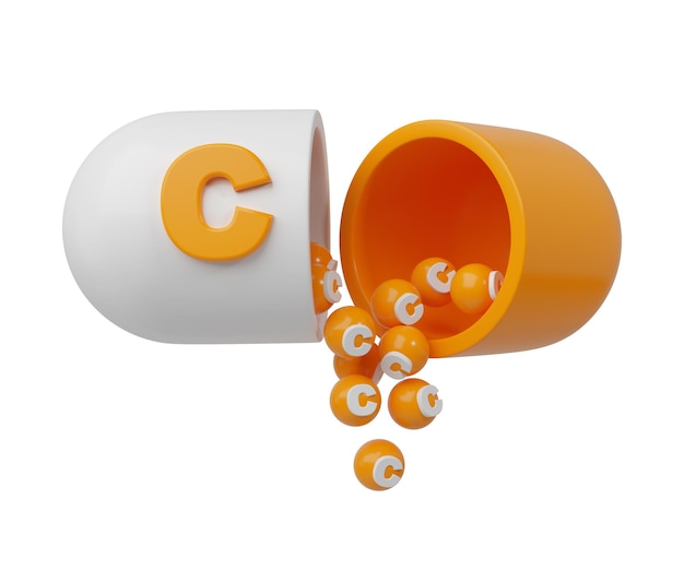 Pílula o cápsula naranja llena de vitamina C Los gránulos médicos se derraman desde el comprimido abierto
