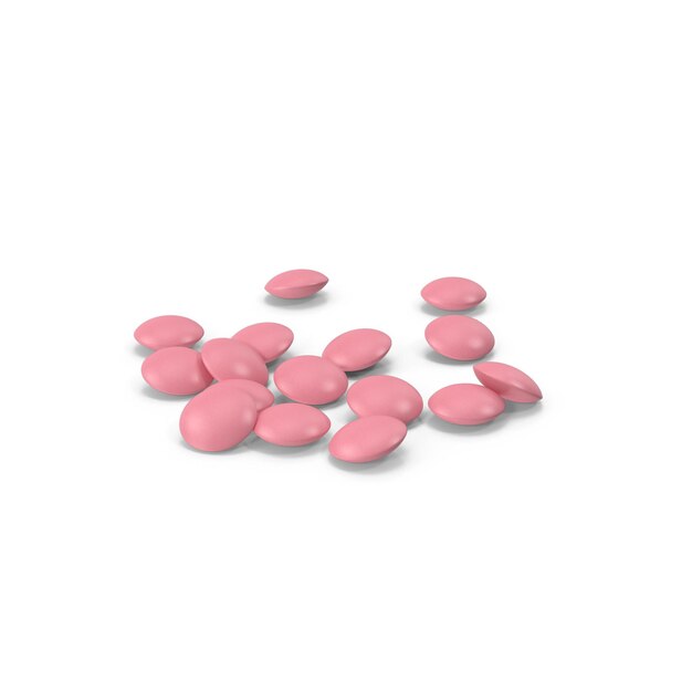 Pílulas cor-de-rosa espalhadas por uma superfície branca