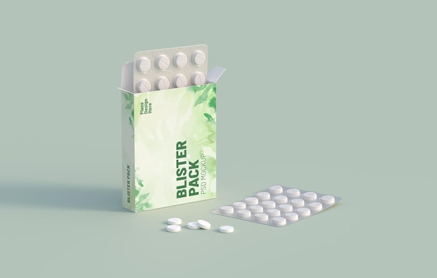 Pilules de cercle blanc sous blister dans un emballage en carton Modèle de maquette rendu 3d