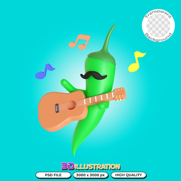 Pimenta verde tocando guitarra ilustração 3d em fundo transparente