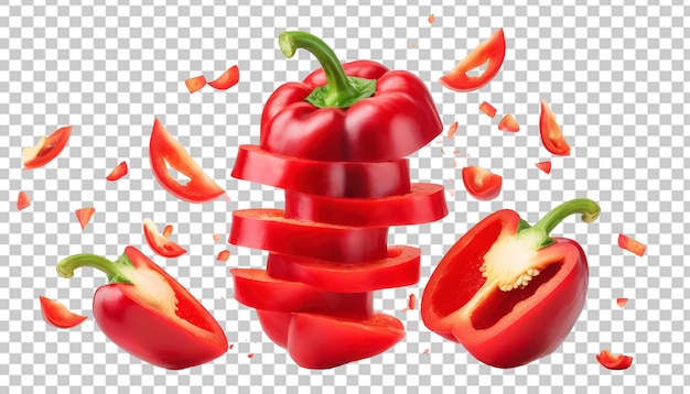 Pimenta vermelha com pedaços voadores isolados sobre um fundo transparente