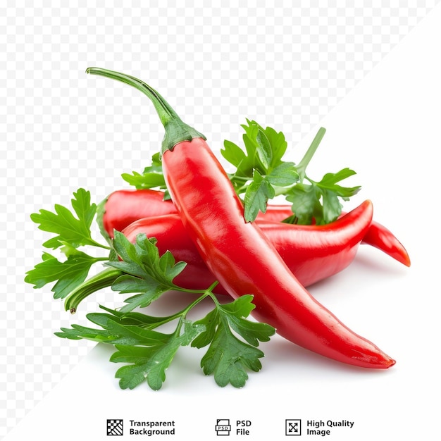 PSD pimentão vermelho quente ou pimenta e salsa deixam vida morta isolada em recorte branco de fundo isolado