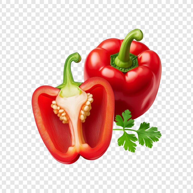PSD pimienta roja con rebanada y hoja de cilantro fresca aislada sobre un fondo transparente
