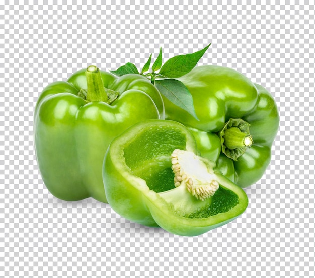 Pimiento verde fresco con hojas aisladas PSD Premium