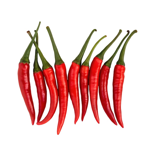 Pimientos de chile rojos vibrantes con tallos verdes y fondo transparente