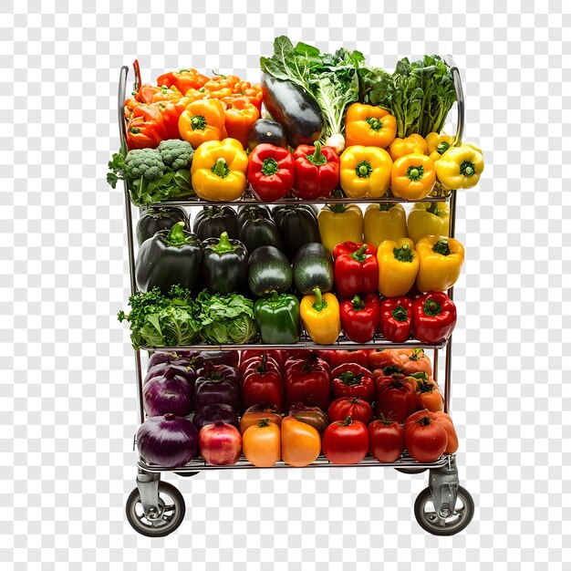 Pimientos coloridos y verduras frescas en un carrito de compras