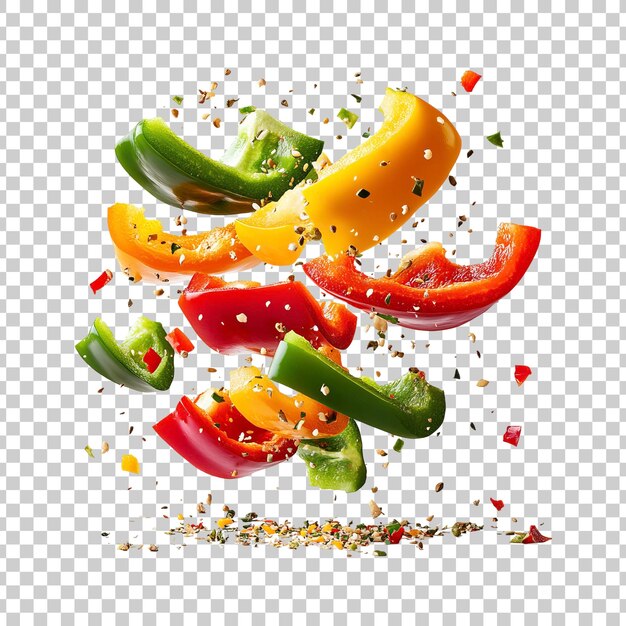 Pimientos coloridos volando con especias en un fondo transparente