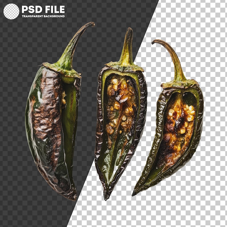 PSD pimientos poblano asados de papua nueva guinea sobre un fondo blanco