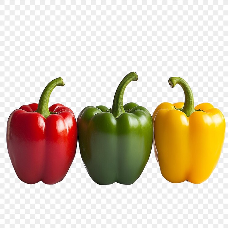 PSD pimientos rojos, amarillos y verdes frescos aislados en un fondo transparente para alimentos orgánicos