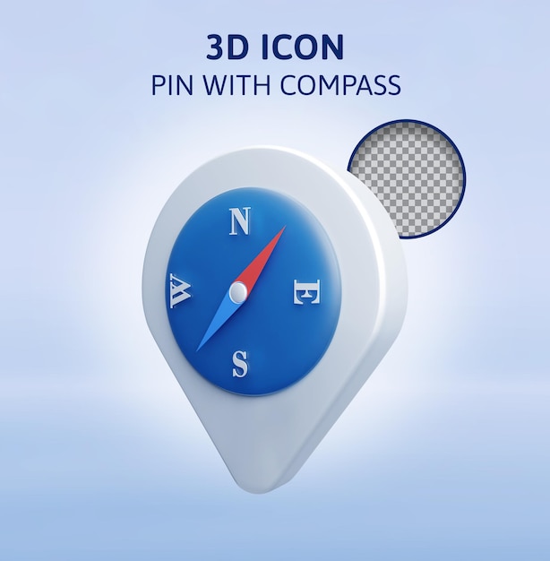 pin con brújula concepto de navegación ilustración de renderizado 3d