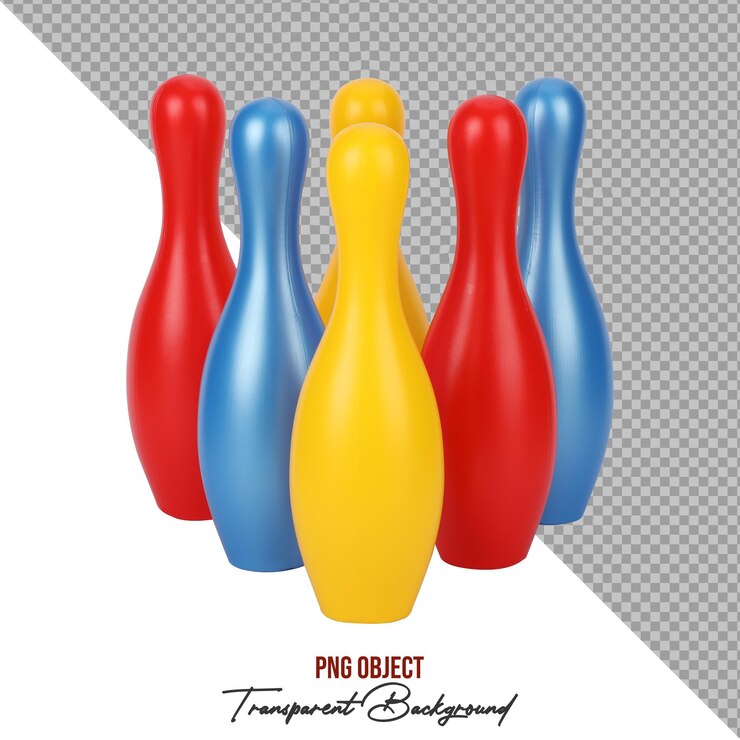 PSD pin di bowling colorati isolati su uno sfondo trasparente