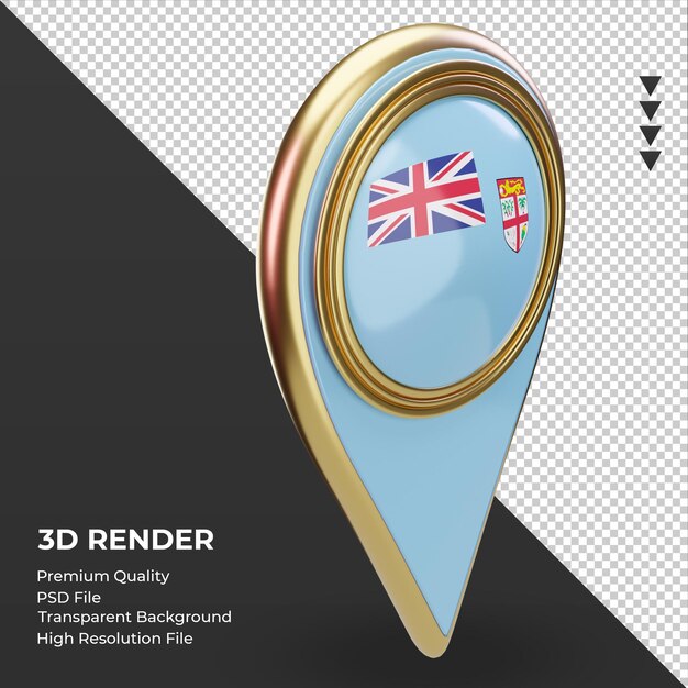 Pin d'emplacement 3D rendu du drapeau des Fidji vue gauche