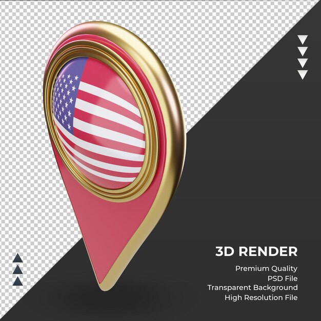 Pin de ubicación 3d bandera de estados unidos renderizado vista derecha