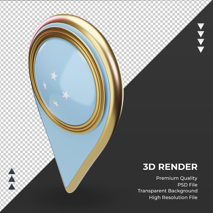 PSD pin de ubicación 3d bandera de micronesia vista derecha de representación