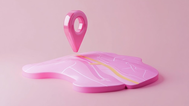 Pin de ubicación 3D rosado flotando sobre un mapa