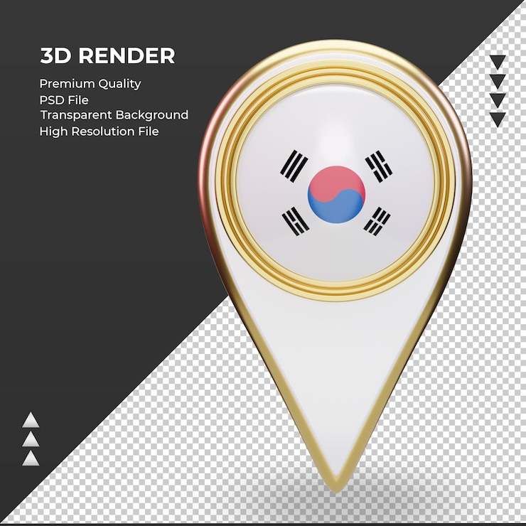PSD pin de ubicación 3d vista frontal de representación de la bandera de corea del sur