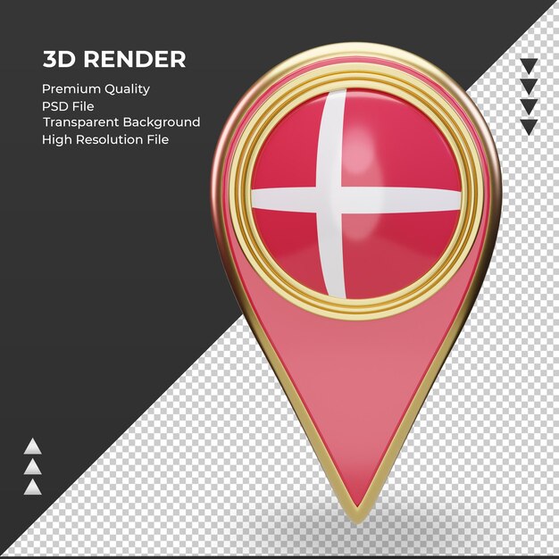 Pin de ubicación 3d vista frontal de representación de la bandera de Dinamarca