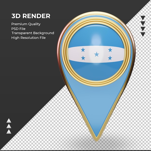 Pin de ubicación 3d vista frontal de representación de la bandera de Honduras