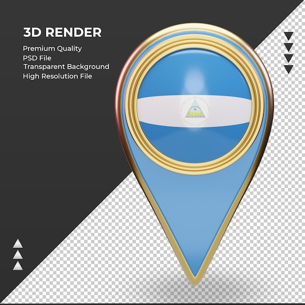 Pin de ubicación 3d vista frontal de representación de la bandera de nicaragua