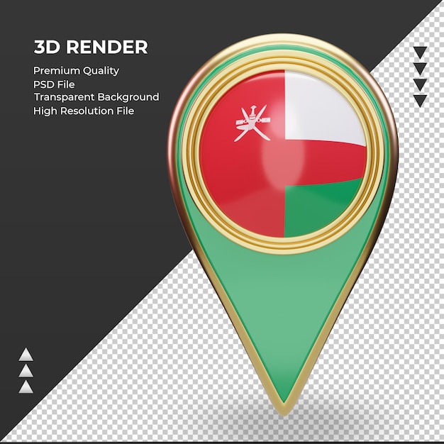 Pin de ubicación 3d vista frontal de representación de la bandera de omán