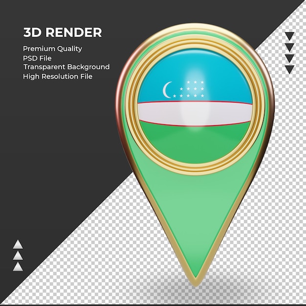 Pin de ubicación 3d vista frontal de representación de la bandera de Uzbekistán