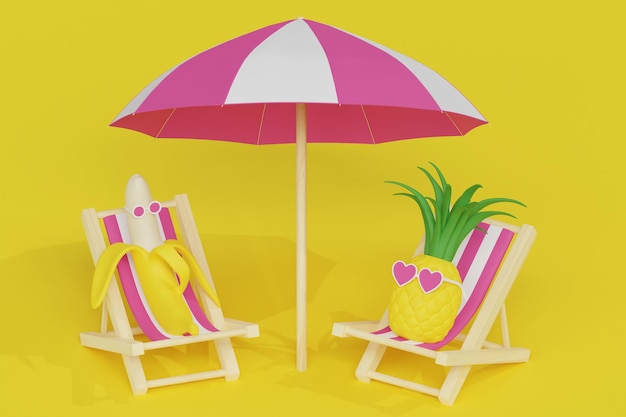Piña en las gafas en forma de corazón y personajes de plátano en las camas solares bajo el paraguas de playa