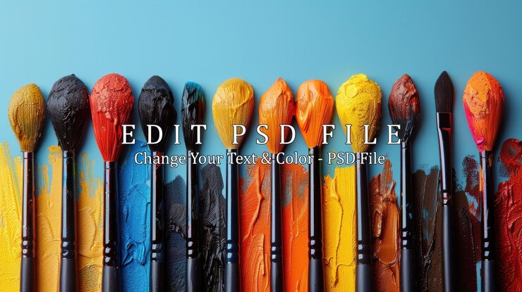 PSD pincéis com redemoinhos de tinta colorida em fundo azul