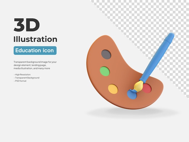 Pincel e paleta de cores ícone da arte educação escolar ilustração 3D render