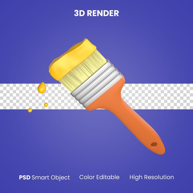 PSD pincel de madera 3d con pintura de pared amarilla render aislado